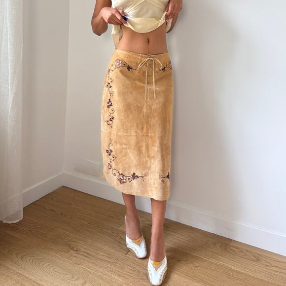 Vintage Suede Embroidered Leather Midi Skirt (S/M) - Picture 1 of 7